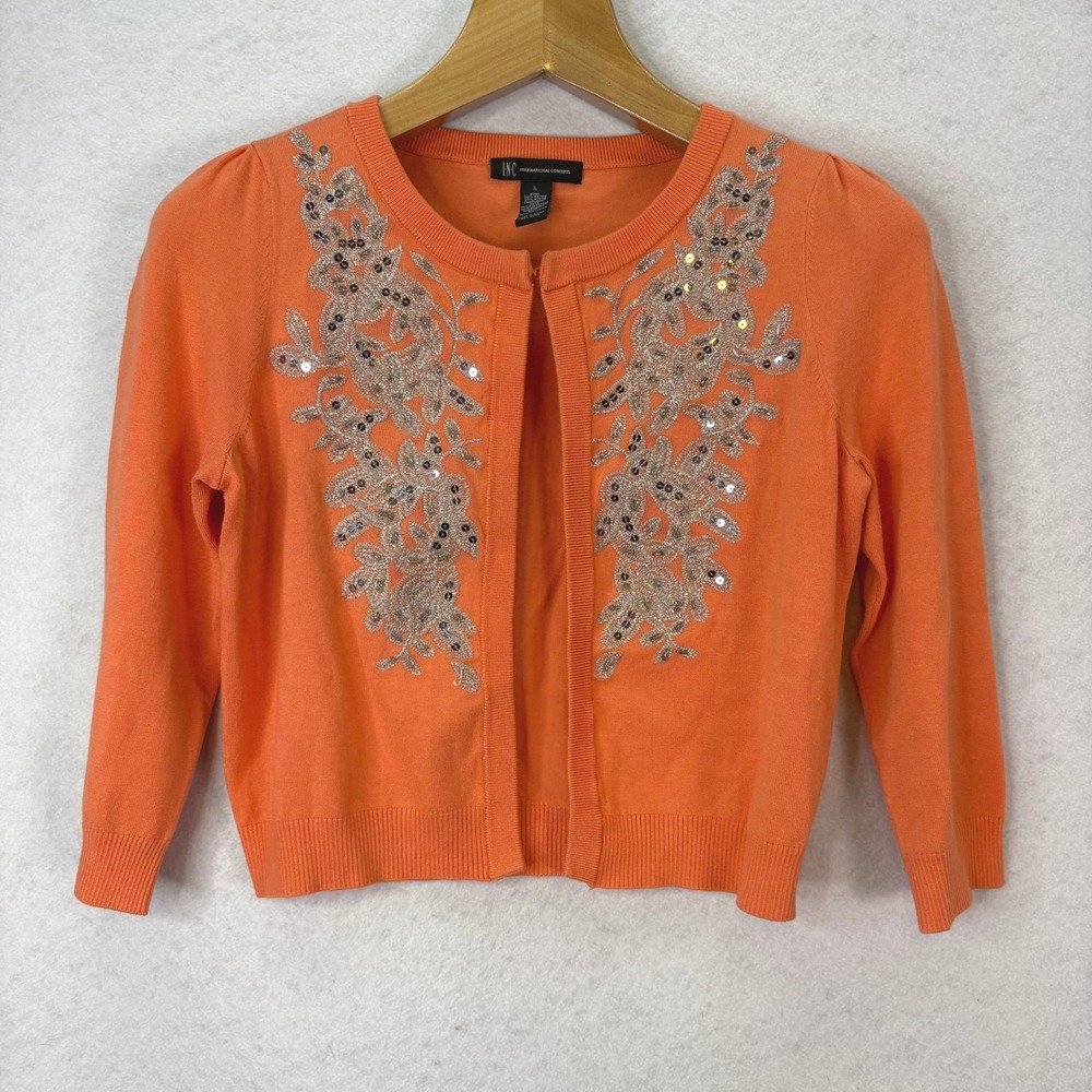 INC‎ Orange Embroidered Sequin Knit Crop Cardigan Women L Glam Party Festive